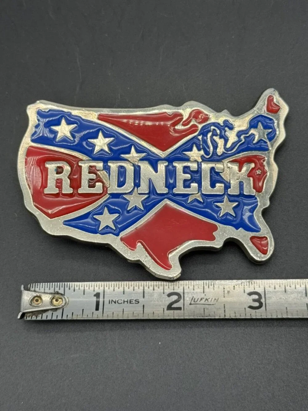 Redneck USA Map Belt Buckle Pewter & Enamel